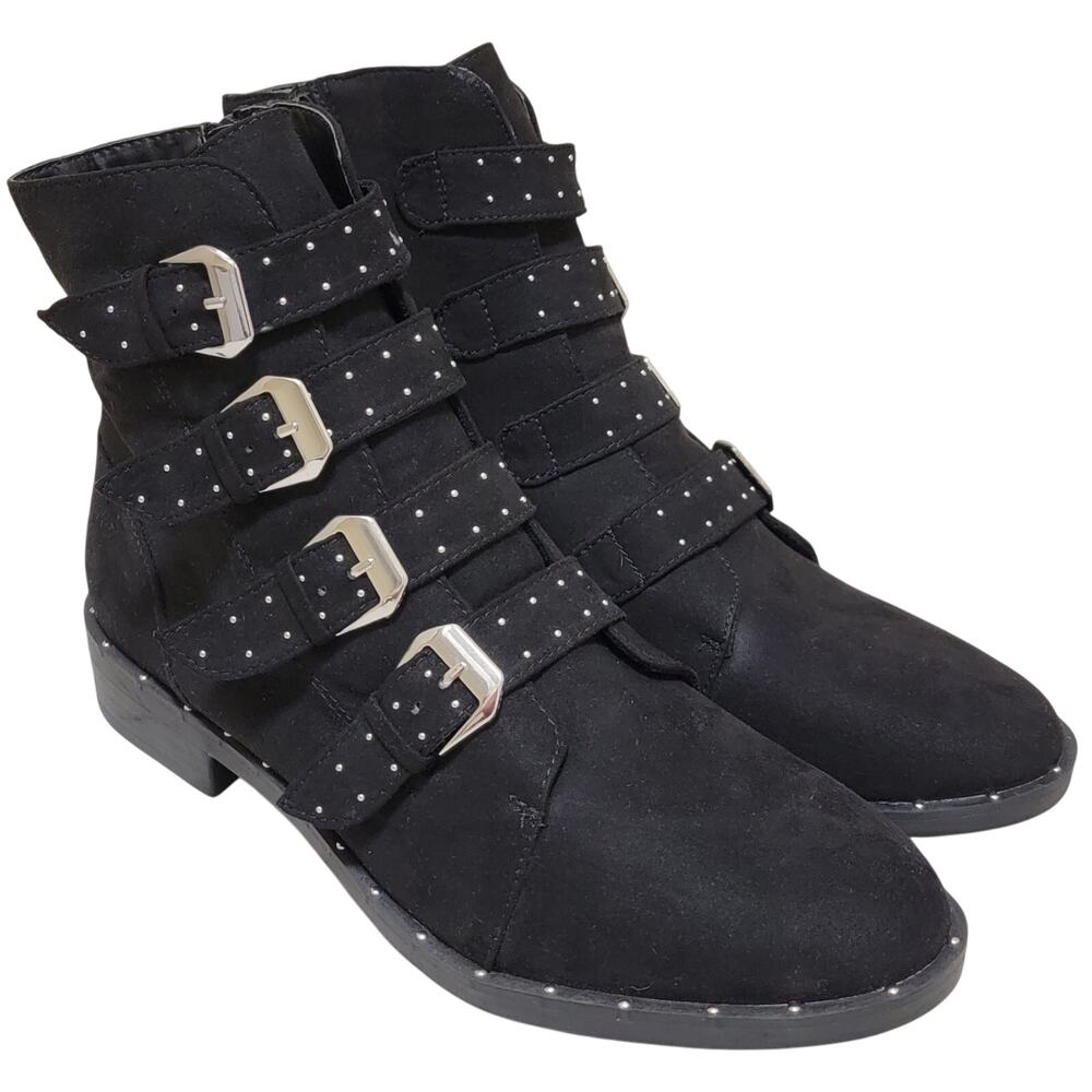 Bar III Women Margo Studded Strap Ankle Moto Booties US 10M Black Faux Suede